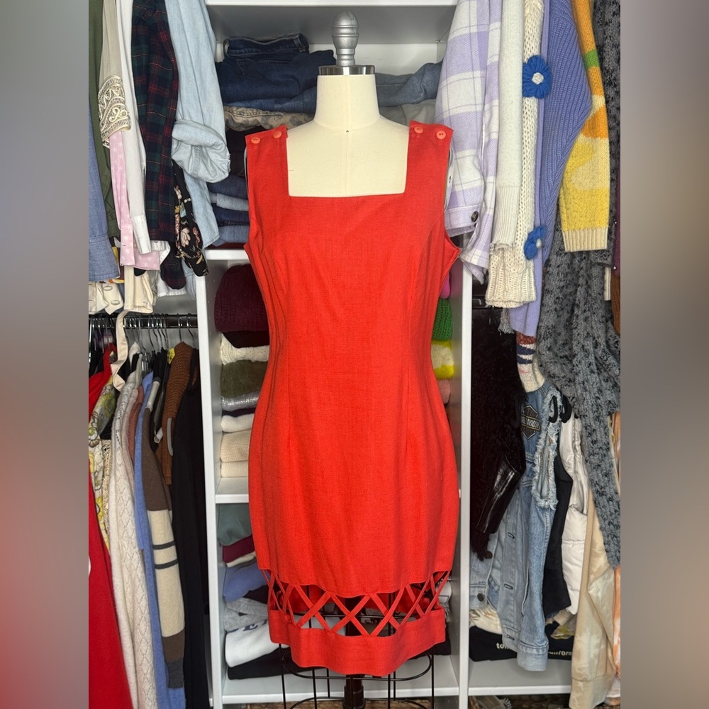 ❤️ Vintage Datiani Red Linen Dress Size 8, Crisscross Back, Lattice Hem